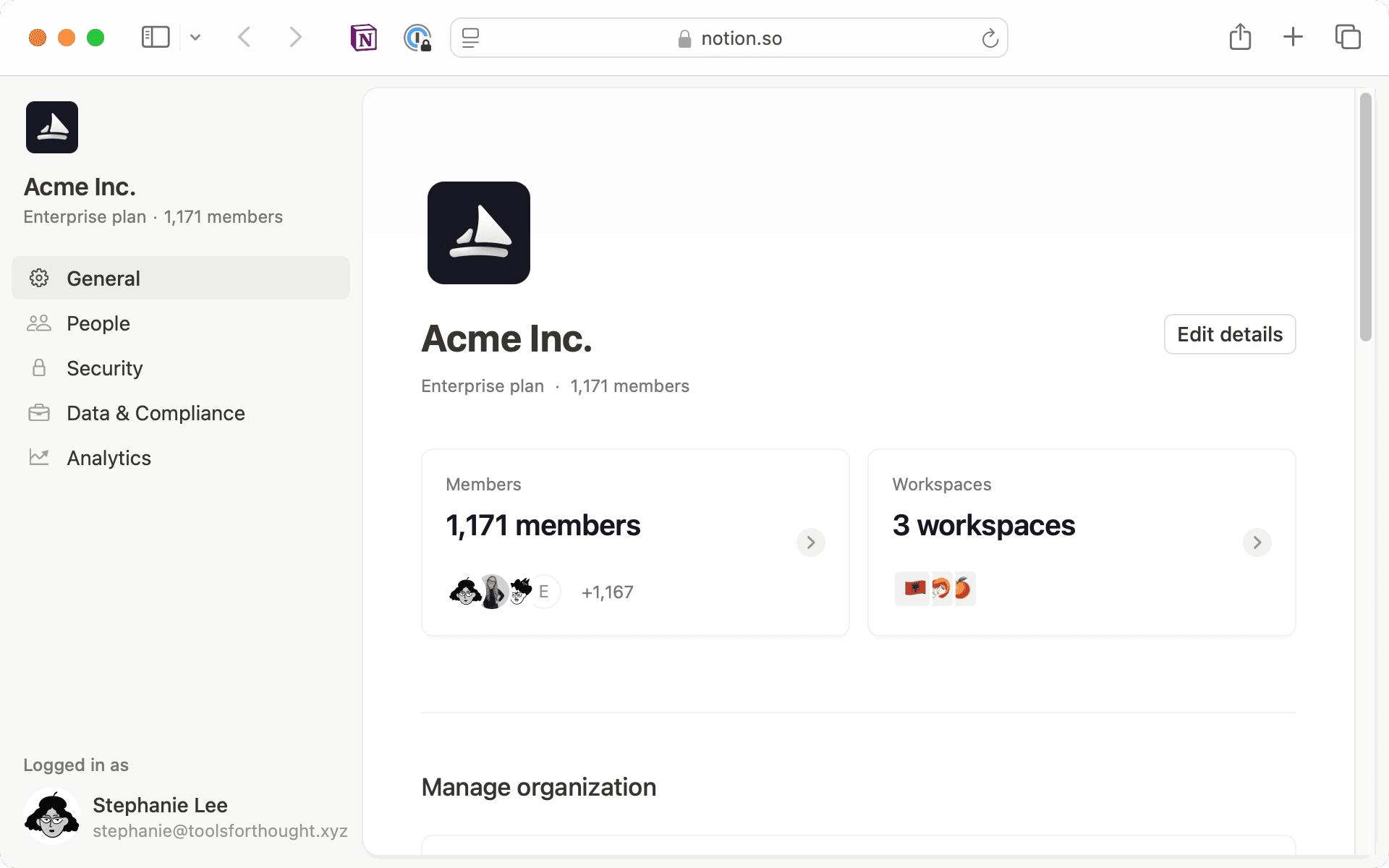 Gérez votre organisation à partir des paramètres généraux pour configurer le provisionnement SCIM et les paramètres SSO SAML.