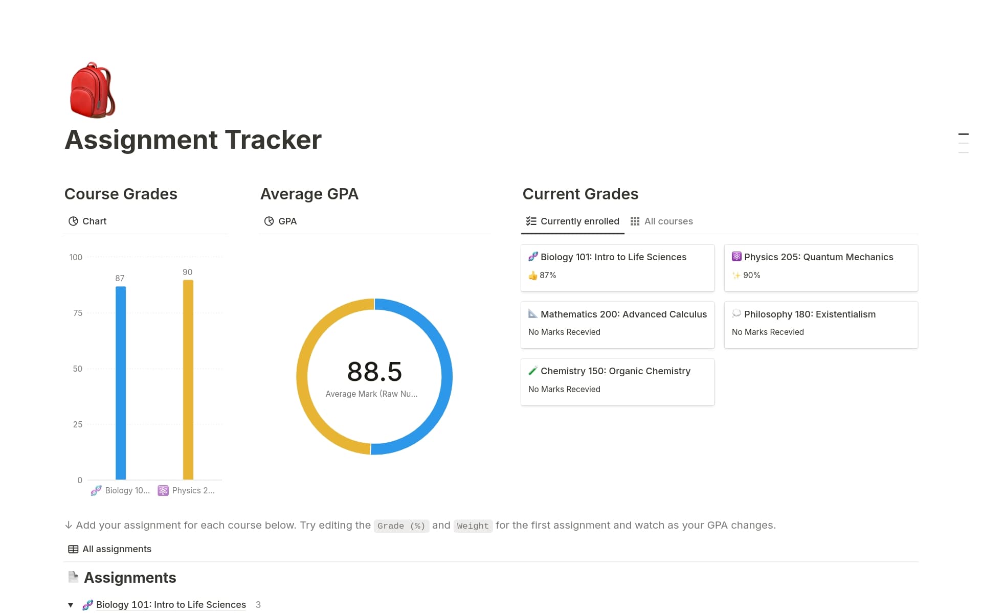 A template preview for Assignment Tracker with Automations
