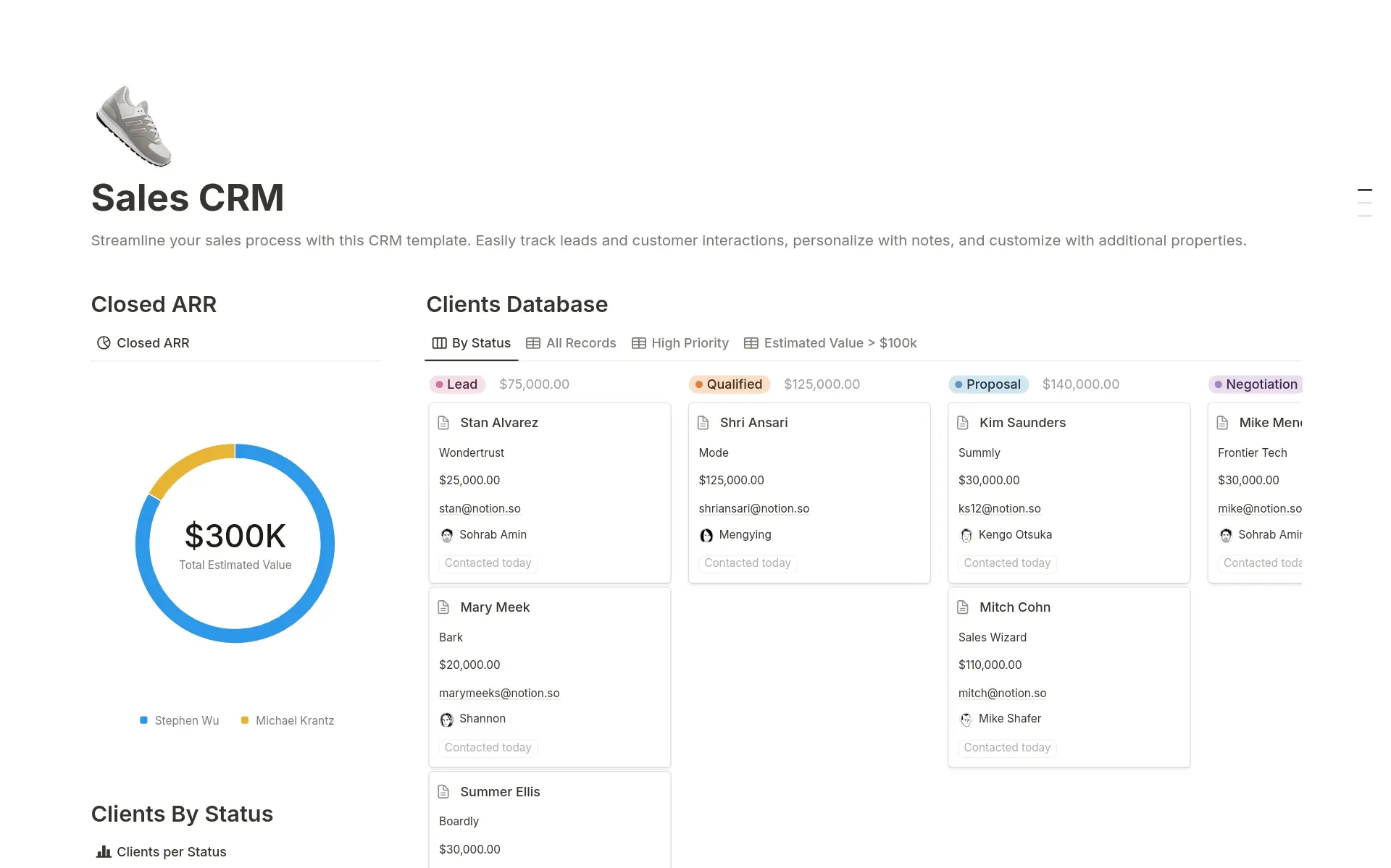 A template preview for Sales CRM